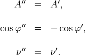 \begin{array}{rll}??A'' & = & A',\\??\\\cos\varphi'' & = & -\cos\varphi',\\??\\\nu'' & = & \nu'.\end{array}